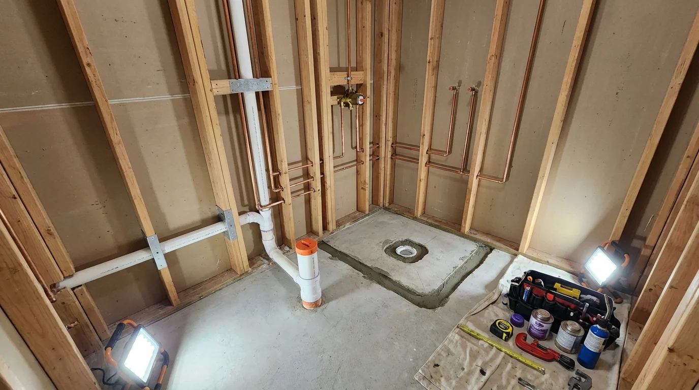 Bathroom rough-in plumbing during remodel by Johns Plumbing LLC in Wales