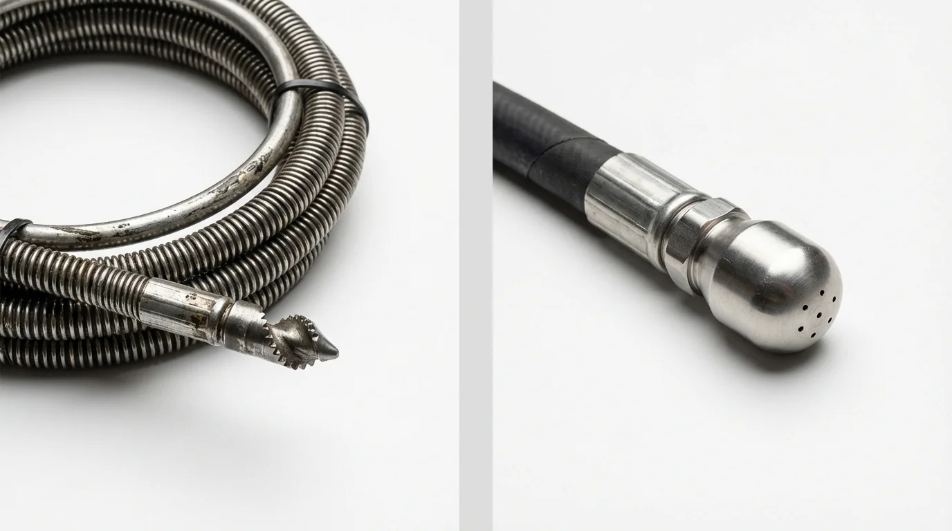 Drain snake cable and hydro jetting nozzle used for drain cleaning in Wales, WI