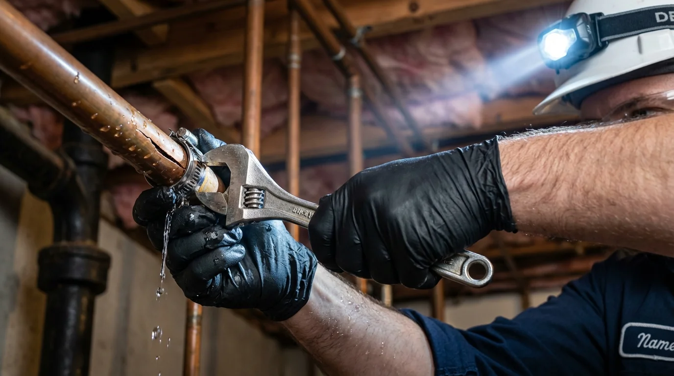 Emergency pipe clamp repair being performed by a Johns Plumbing LLC plumber in Wales