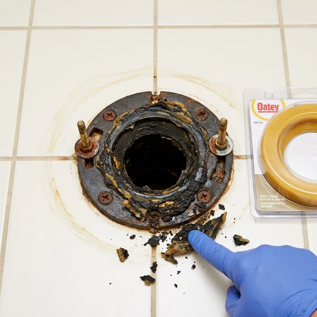 Failed wax ring showing water seepage at the base of a toilet in a Wales, WI home