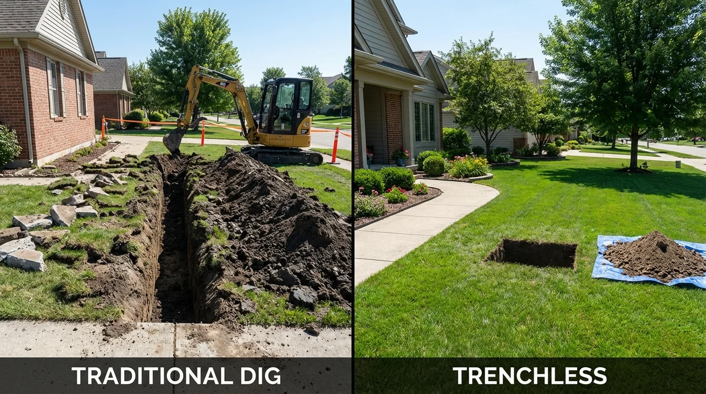 Trenchless sewer repair with minimal yard damage versus traditional excavation in Wales, WI