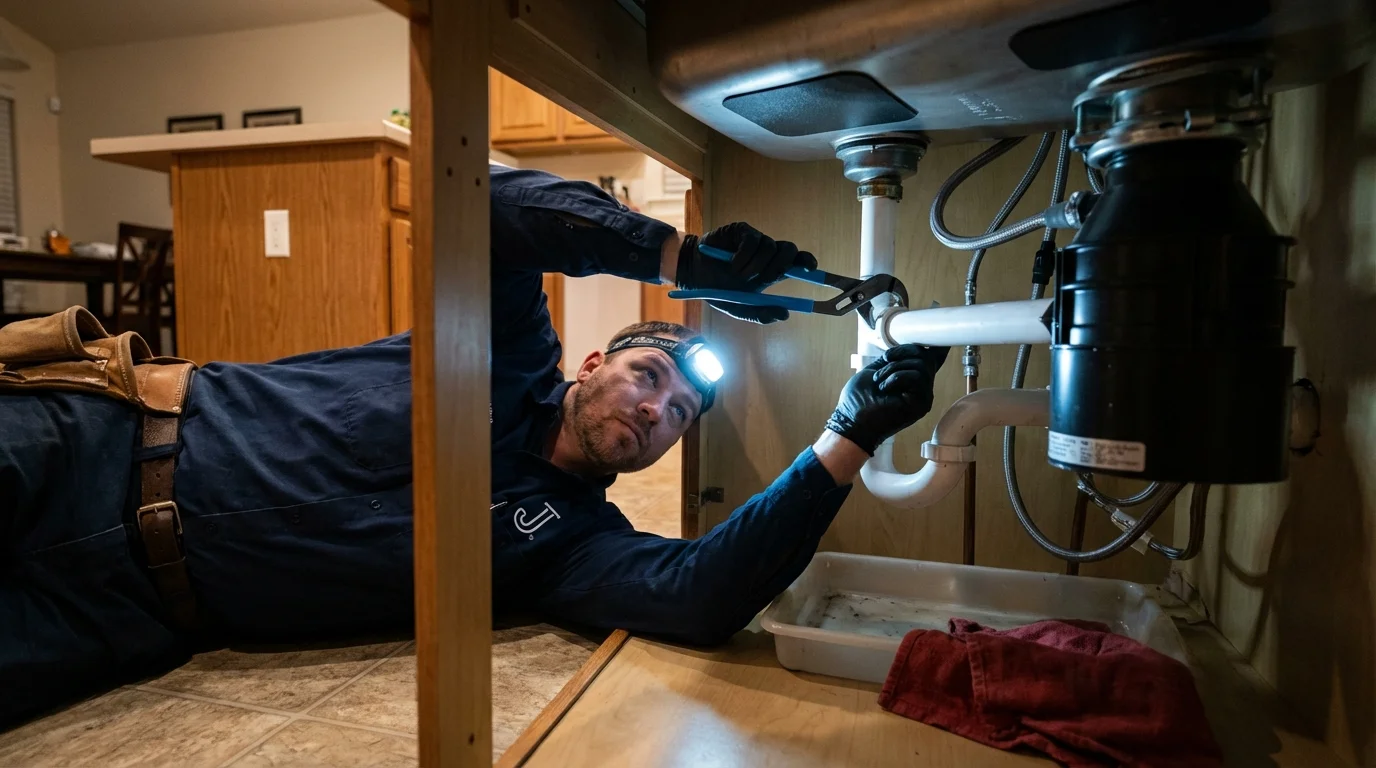 P-trap and supply line connections under a kitchen sink showing a common leak point in Wales, WI